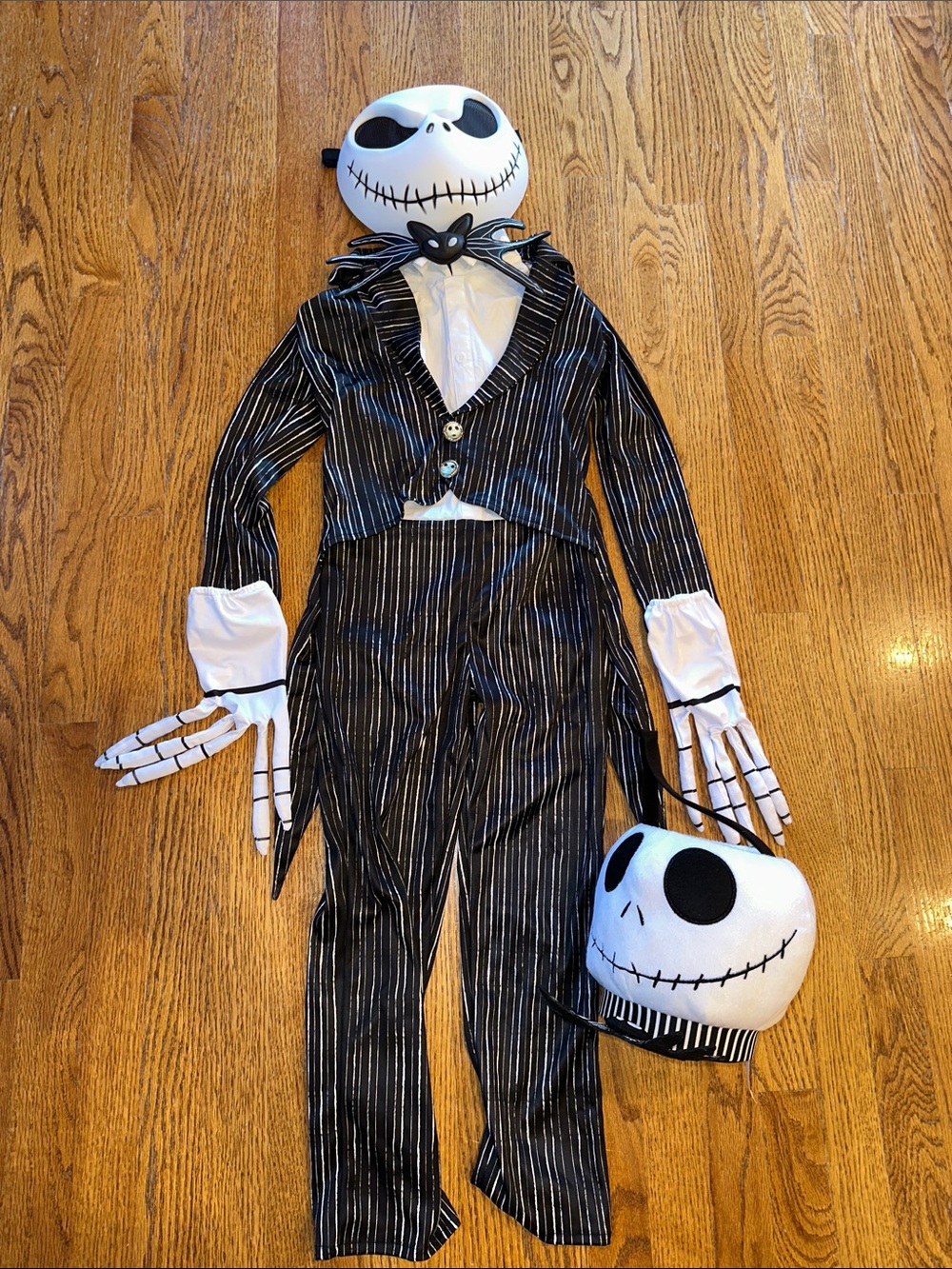Kids Jack Skellington Black Pinstripe Costume size small (4-6) with treat bucket
